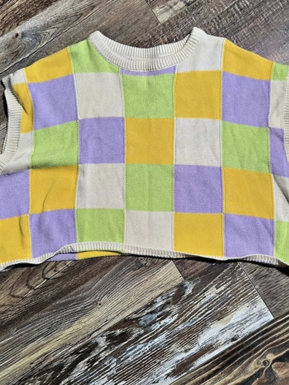 Olivaceous Pastel Checkered Knit Sweater Vest Yellow Purple Green Size Medium
